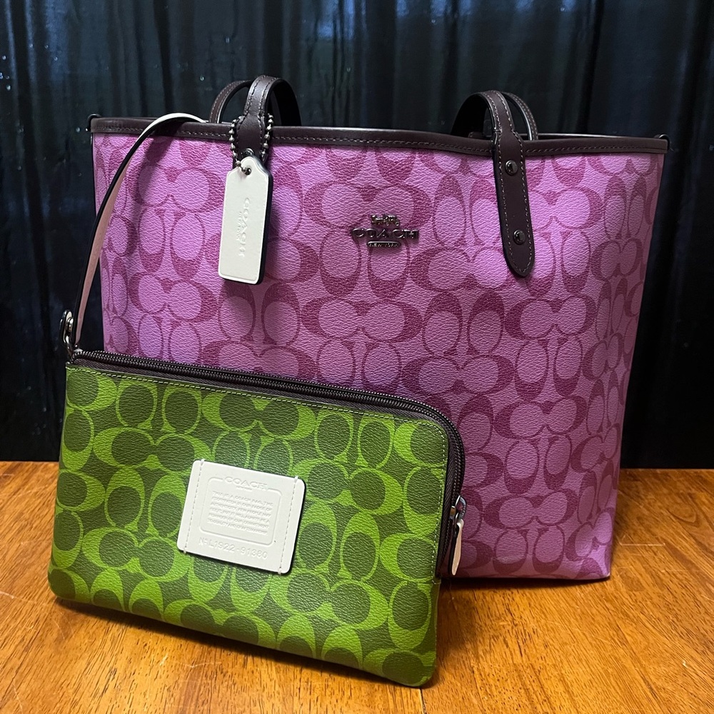 Coach Signature Purple and Green City Tote
